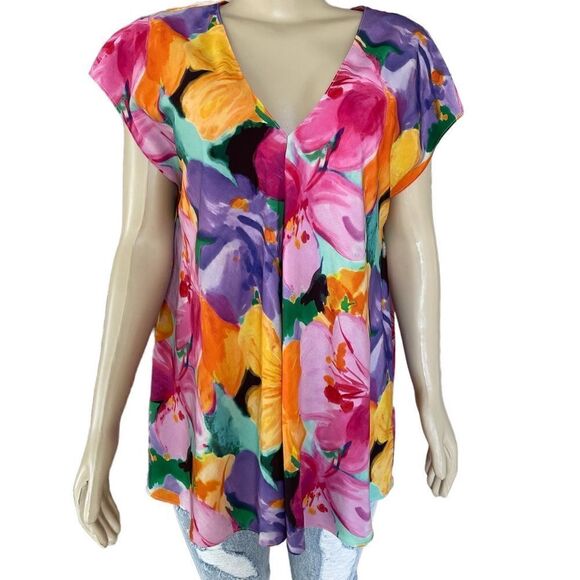Lauren Ralph Lauren Size Large Watercolor Floral Print Crepe Tunic Blouse - Picture 5 of 12